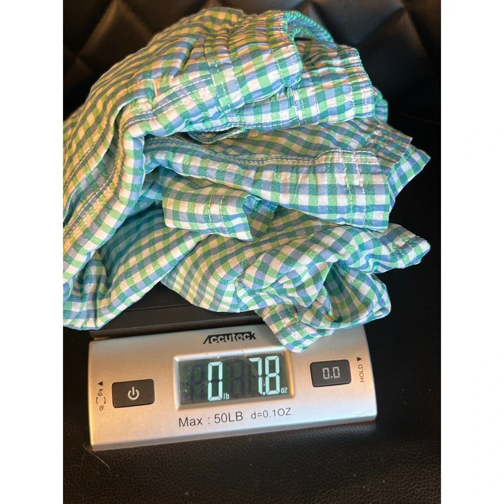 Vineyard Vines Men XL Gingham Swim Trunks Shorts Blue Green Whale Logo Beach Sun